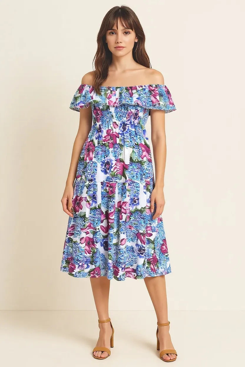 Hydrangea Off The Shoulder Linen Dress