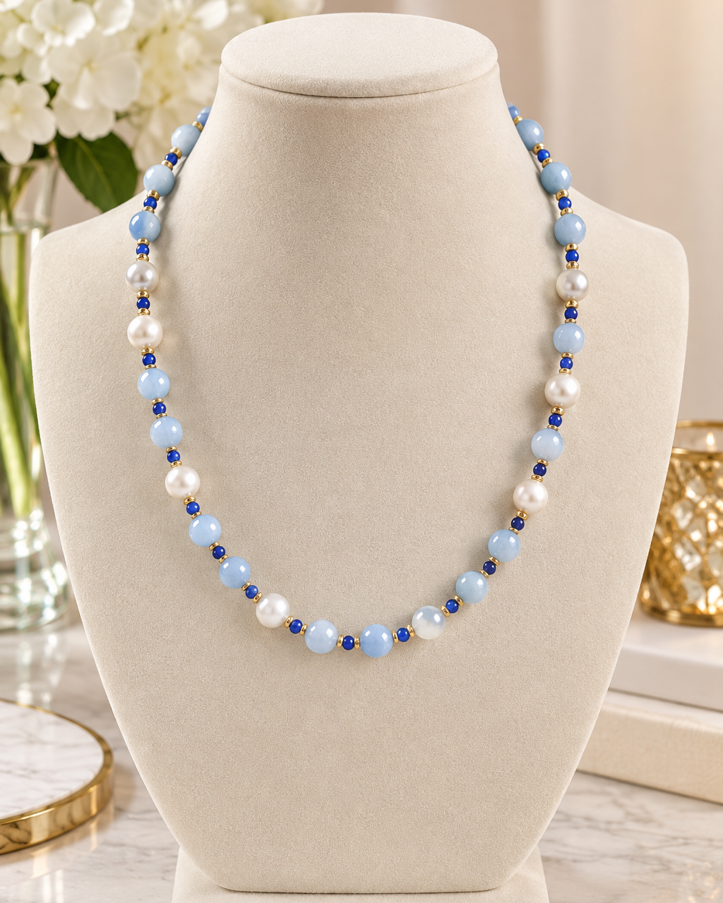 Ocean Breeze Pearl, Aquamarine & Tanzanite Statement Necklace
