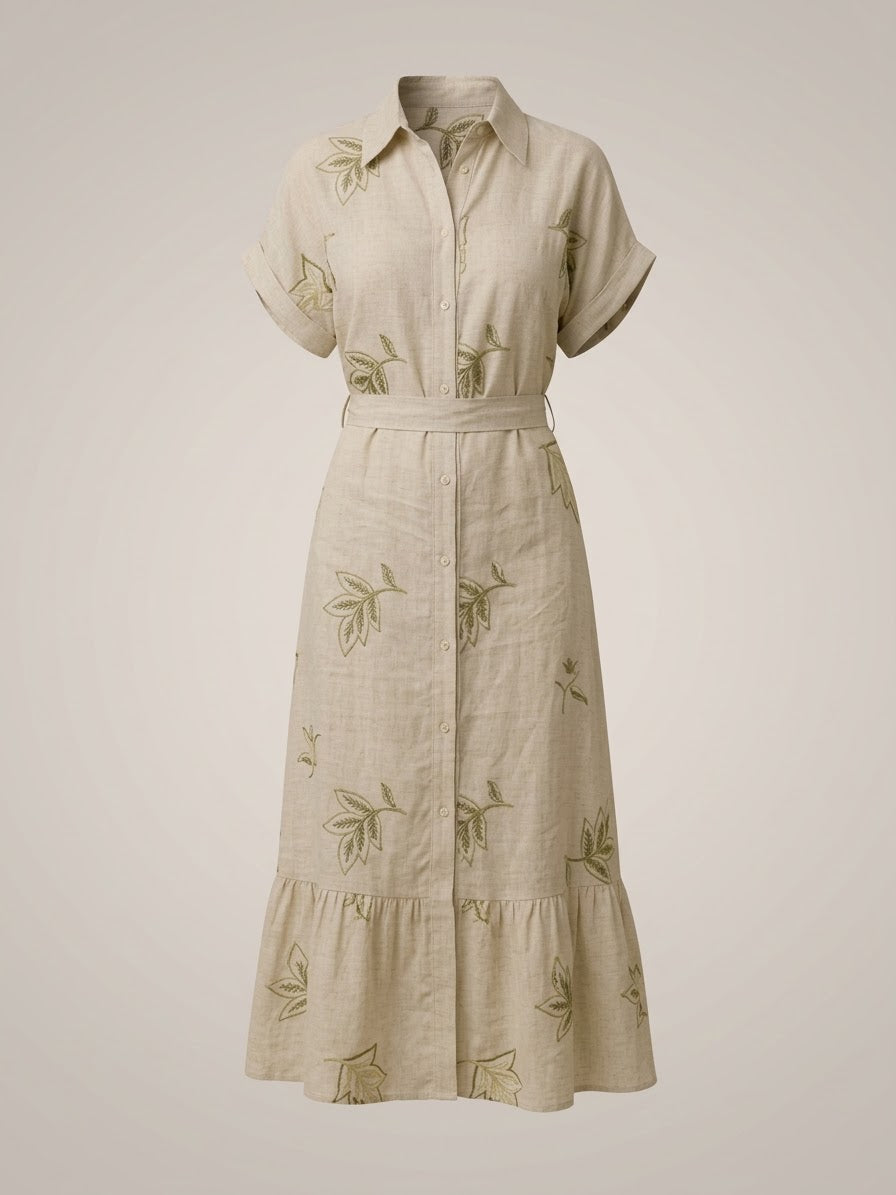 Botanical Embroidered Linen Shirt Dress