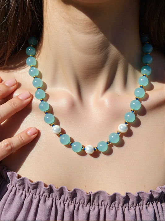 Aquamarine, Tanzanite & Faux Pearl Necklace