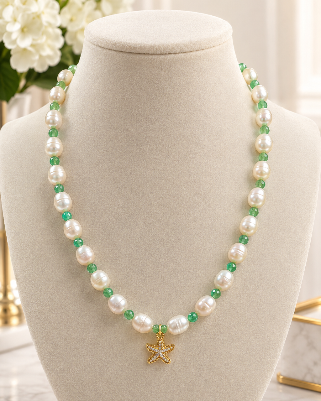 Ocean Pearl & Green Jade Bead Necklace