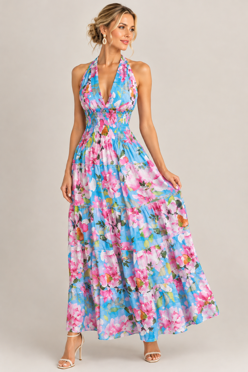Flower Halter Linen Dress