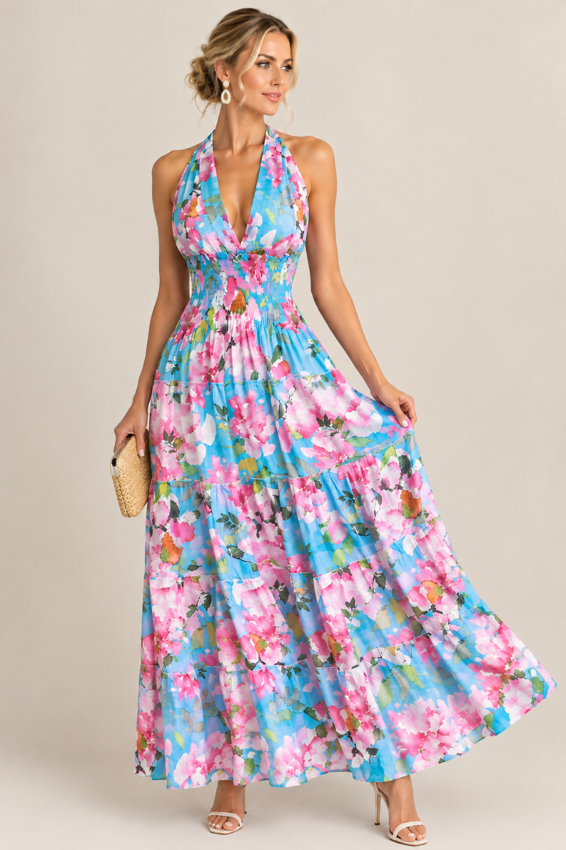 Flower Halter Linen Dress