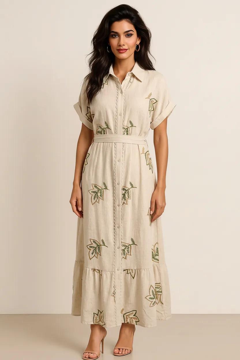 Botanical Embroidered Linen Shirt Dress