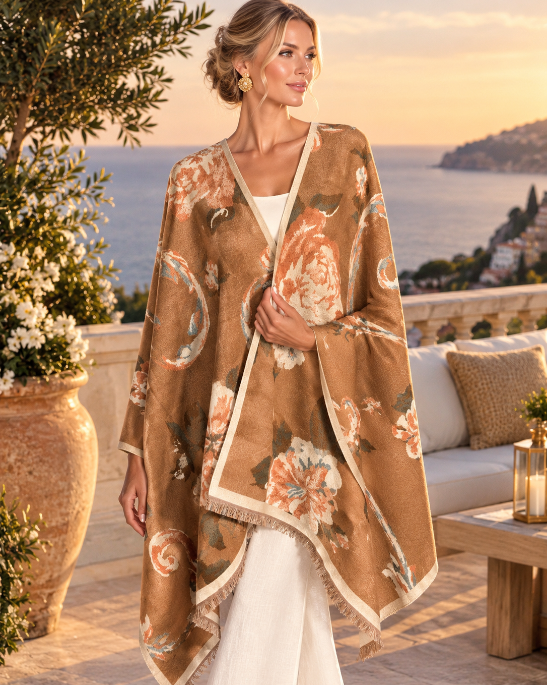 Camel/Peach/Ivory Floral Wrap