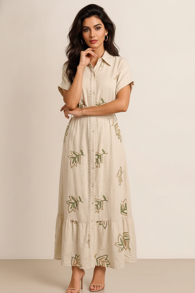 Botanical Embroidered Linen Shirt Dress