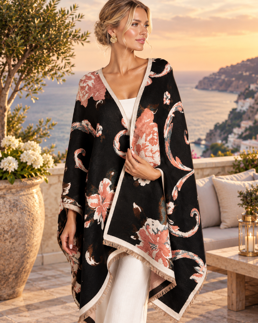 Black/Peach/Ivory Floral Wrap