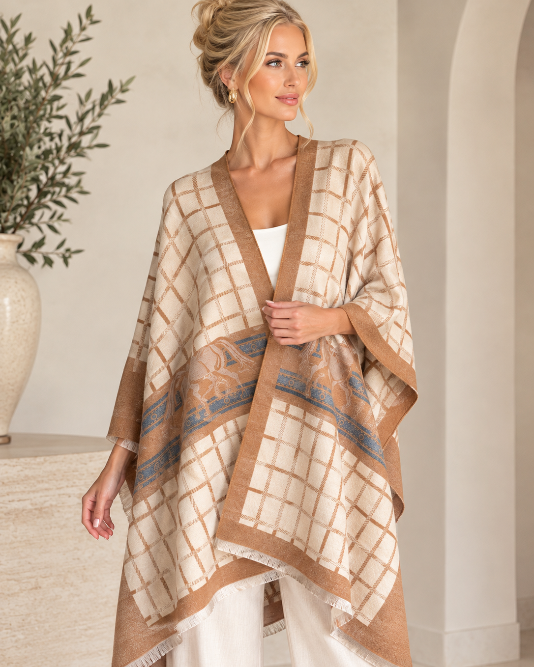 Camel/Ivory/Blue Equestrian Wrap