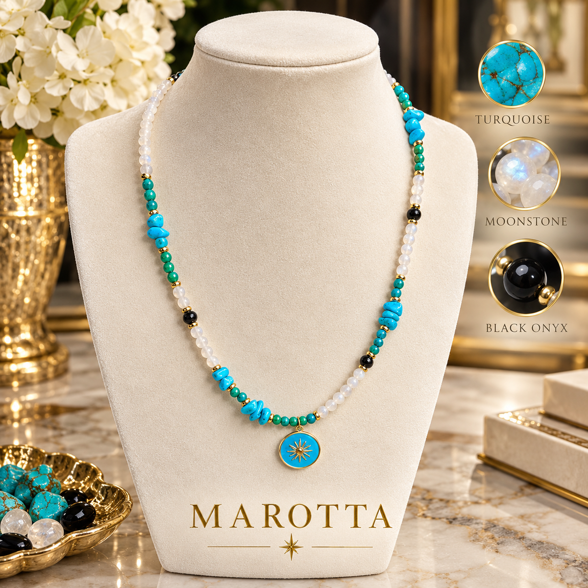 Turquoise and Moonstone Sunburst Necklace