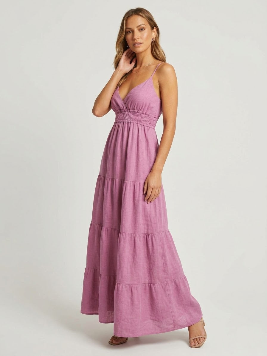 Azure Burgundy Rose Linen Dress