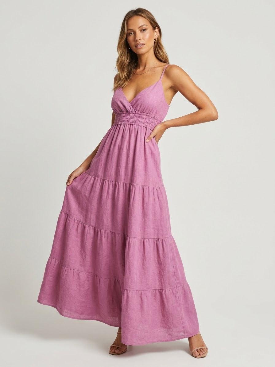 Azure Burgundy Rose Linen Dress
