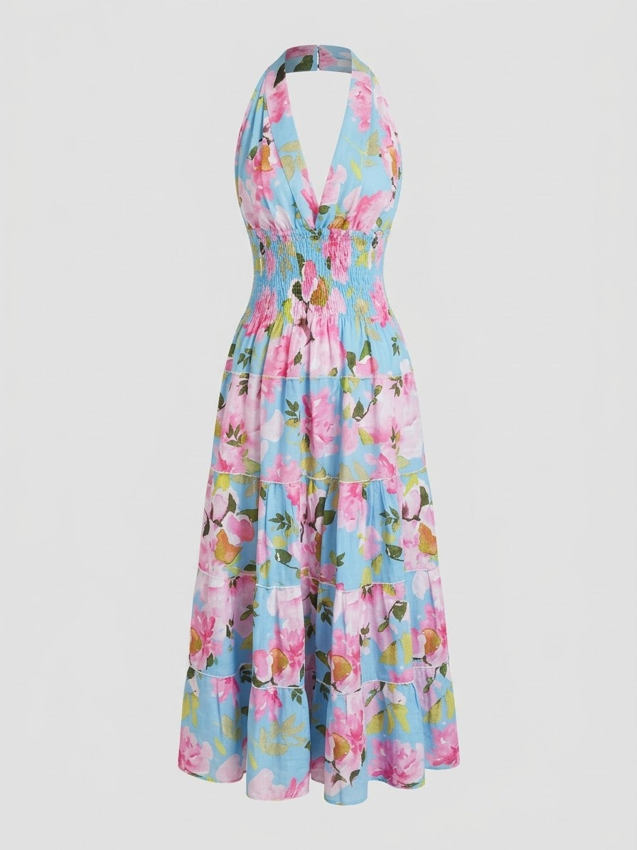 Flower Halter Linen Dress