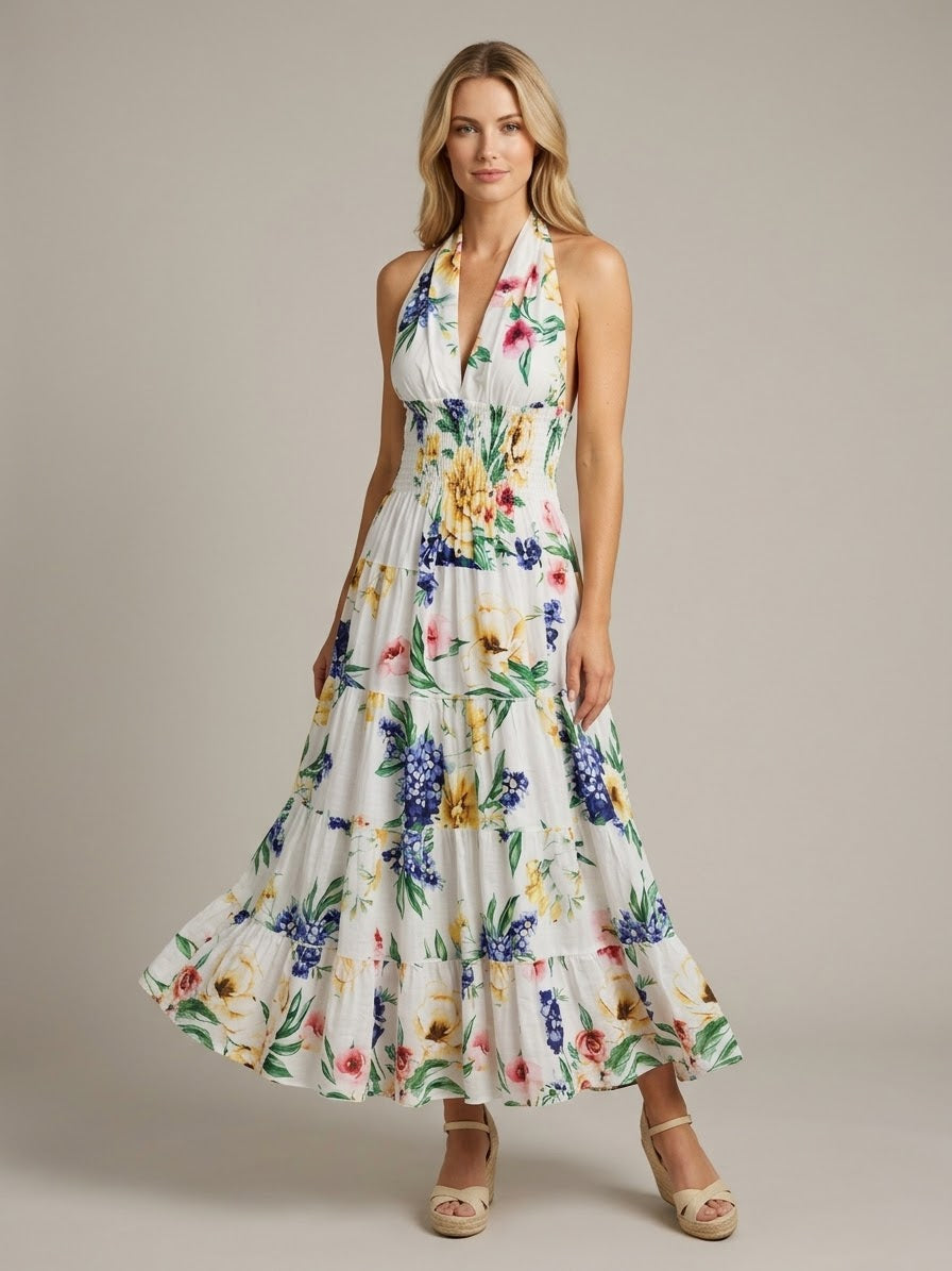 Fleur Elegance Halter Linen Dress