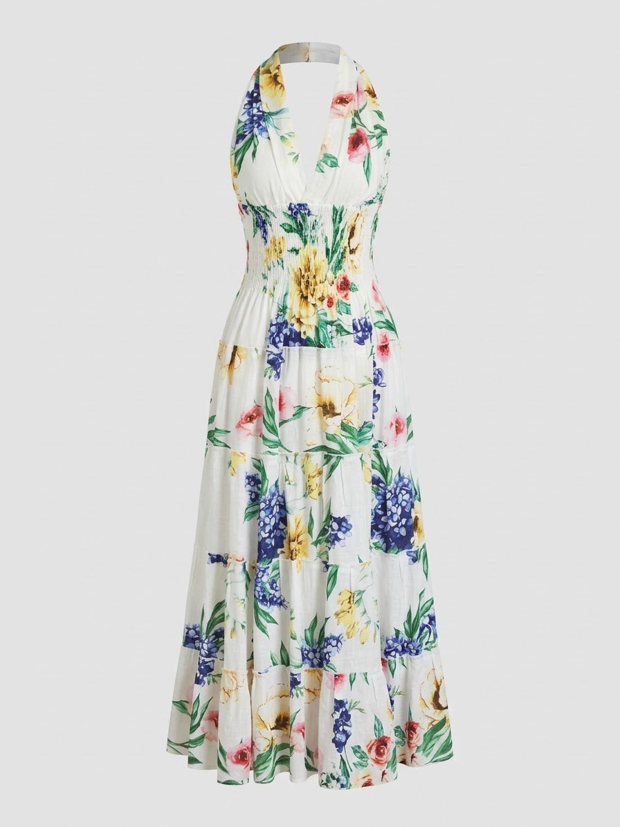 Fleur Elegance Halter Linen Dress