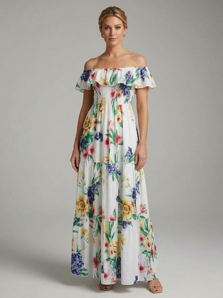 Fleur Elegance Off The Shoulder Linen Dress