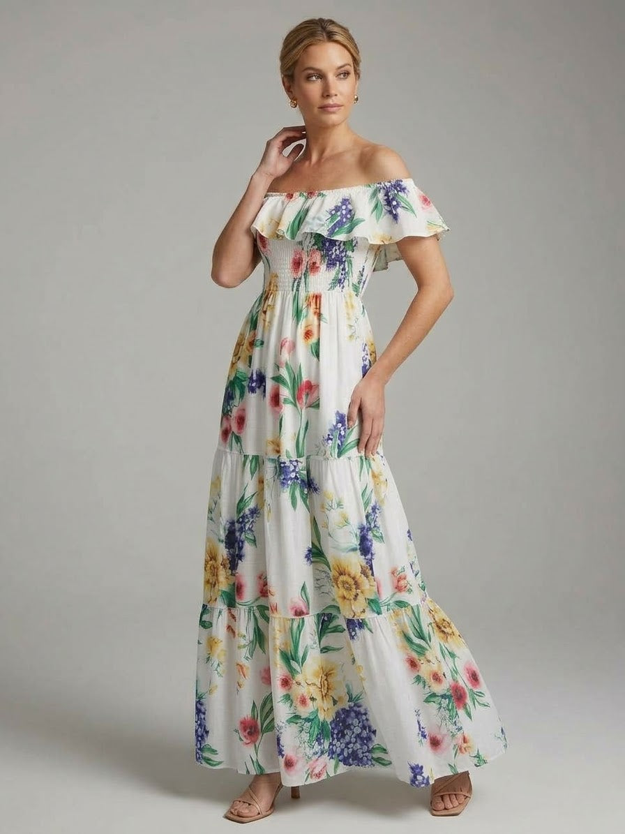 Fleur Elegance Off The Shoulder Linen Dress
