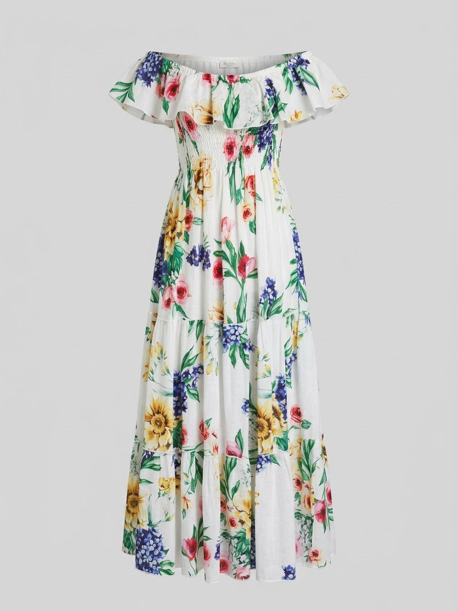 Fleur Elegance Off The Shoulder Linen Dress