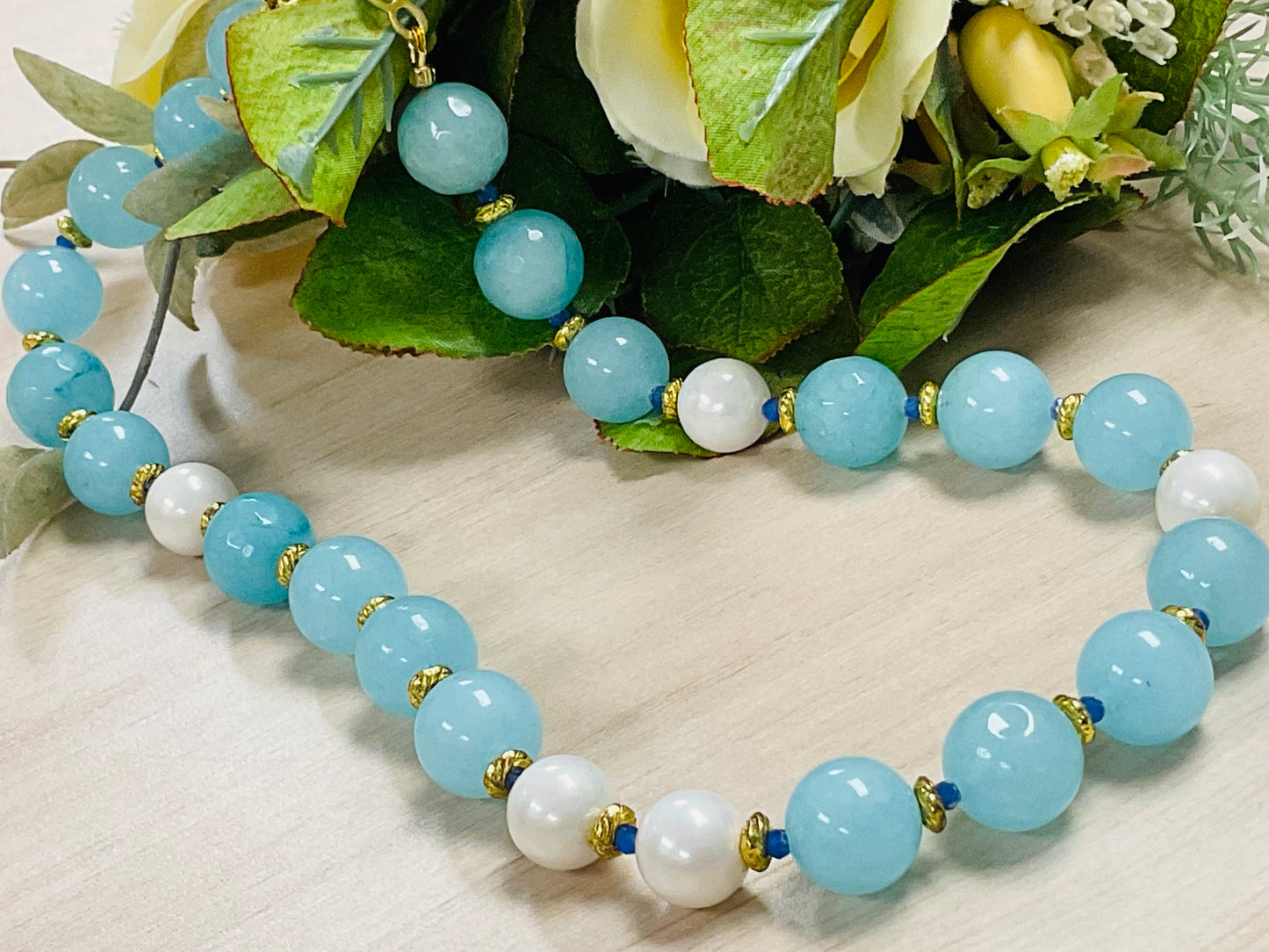 Aquamarine, Tanzanite & Faux Pearl Necklace