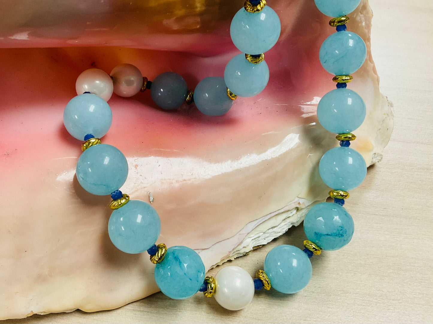 Aquamarine, Tanzanite & Faux Pearl Necklace