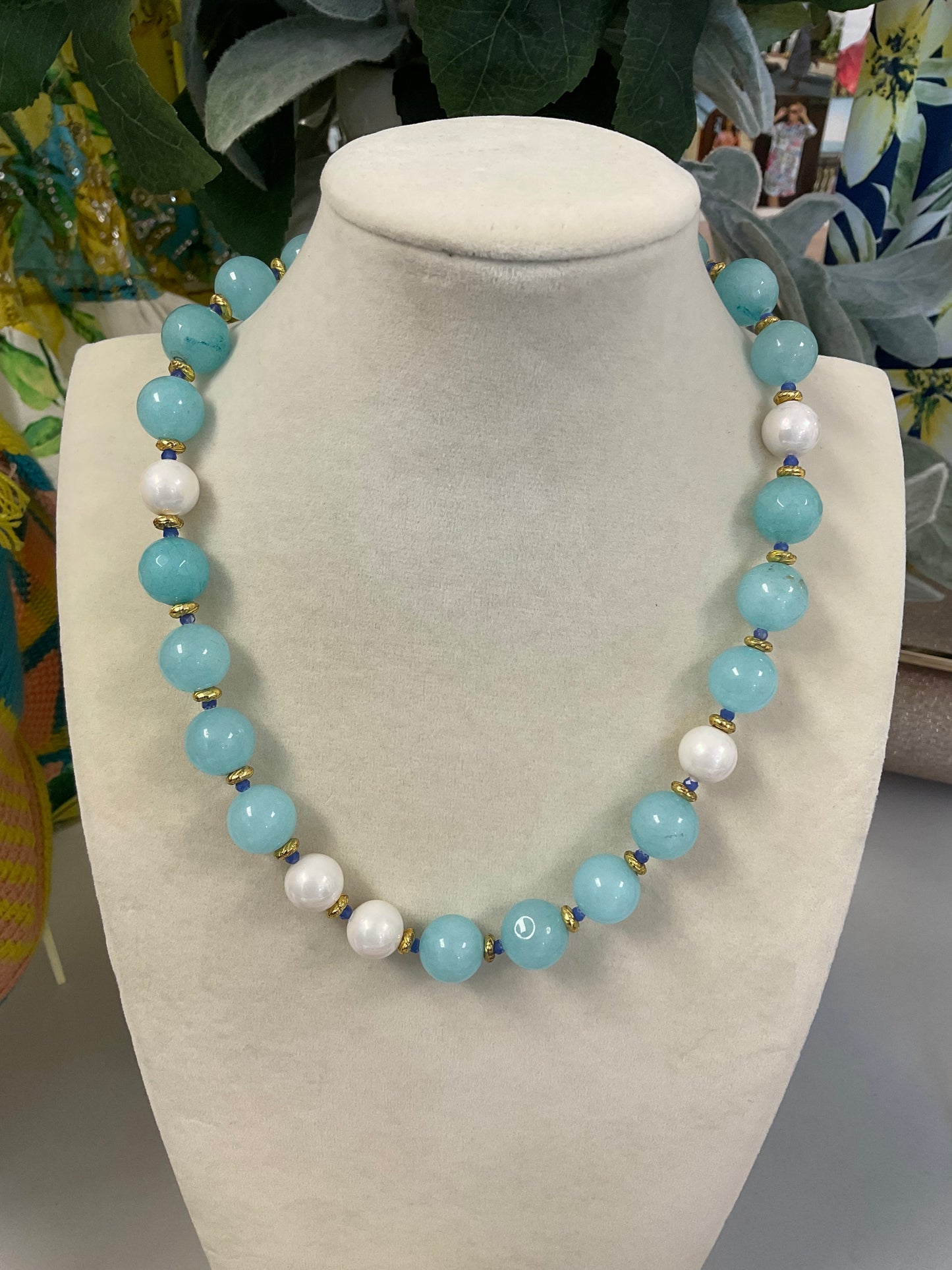 Aquamarine, Tanzanite & Faux Pearl Necklace